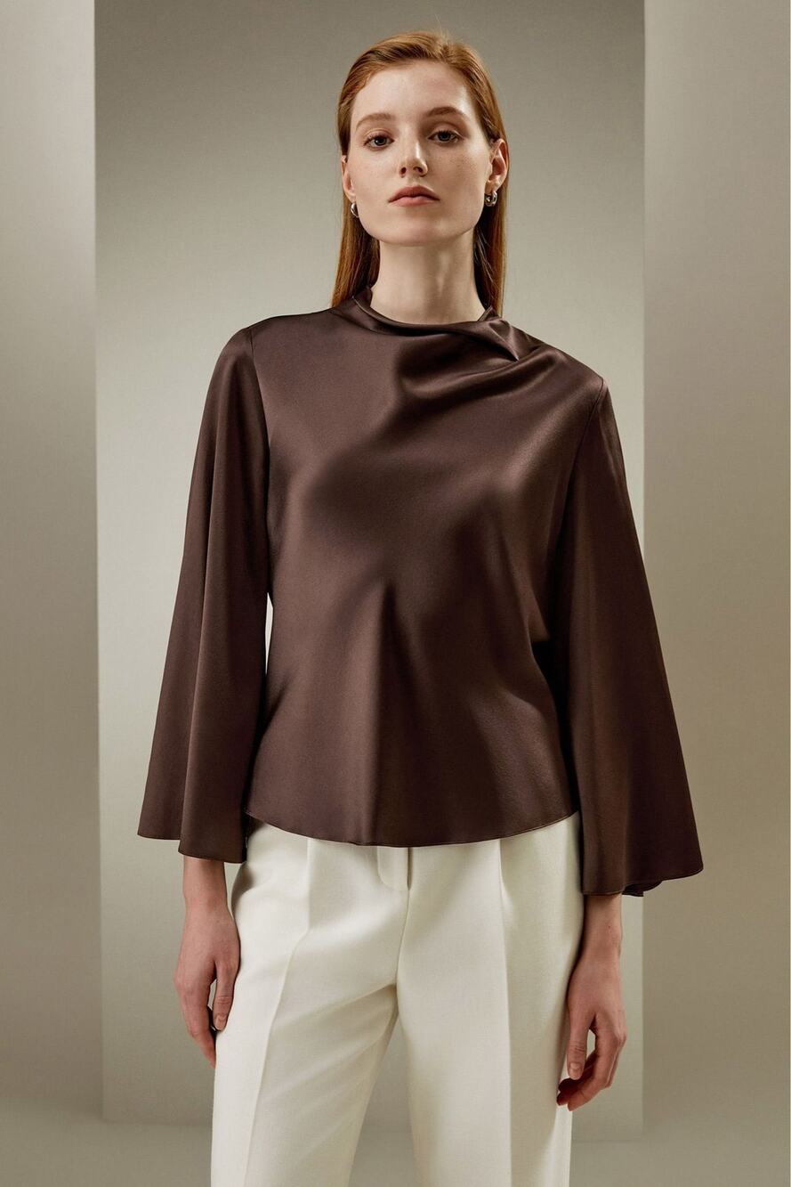 LILYSILK 100% Silk Cowl Neck Blouse Brown Size S